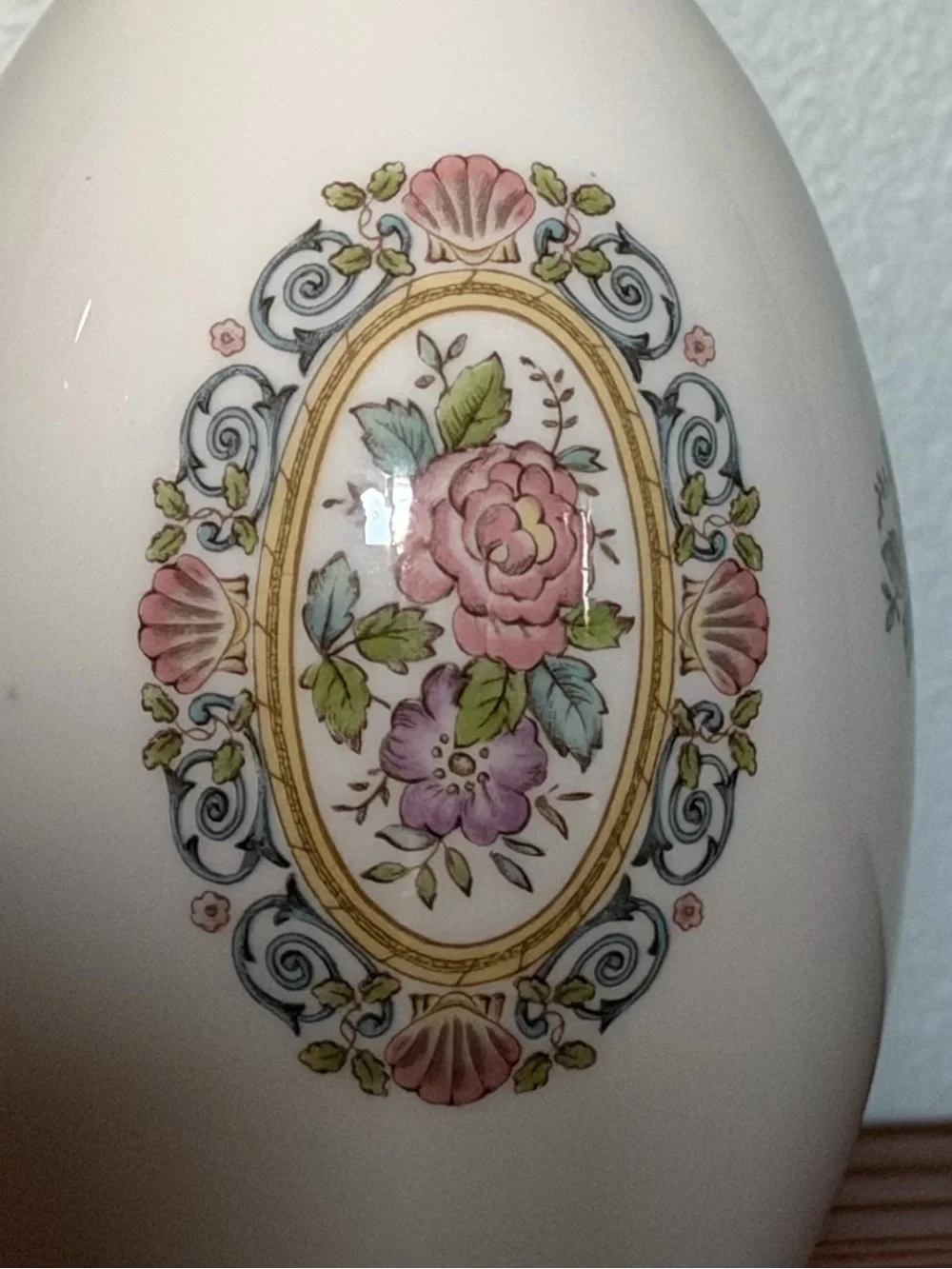 Wedgwood White Porcelain Vase with Pink Floral Medallions and Navy Trim